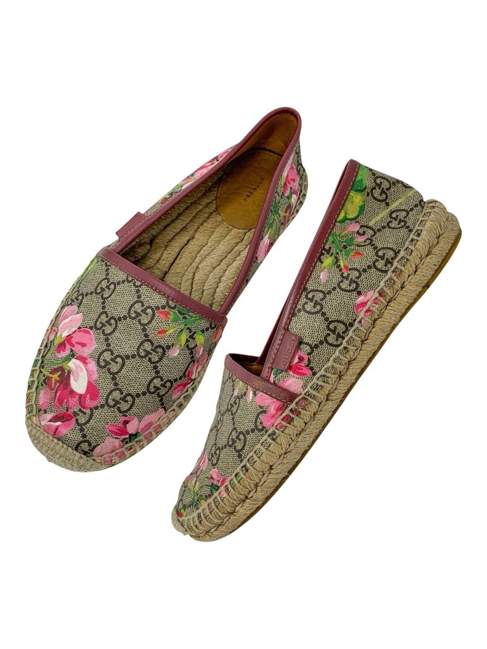 Gucci Bloom GG Supreme Monogram Canvas Pink Floral Print Espadrille Flats 37.5